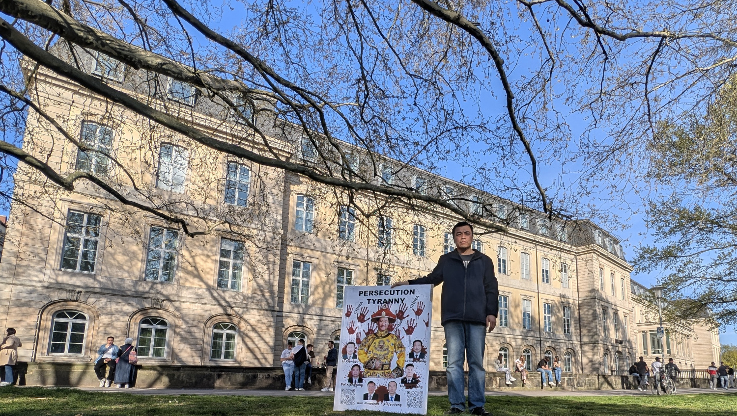 Protesting against the Chinese Communist Party's authoritarianism and Xi Jinping's dictatorship at the Lower Saxony State Parliament building in Germany on April 12, 2025