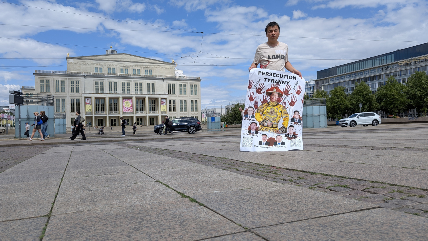 Protesting against the Chinese Communist Party's authoritarianism and Xi Jinping's dictatorship at Augustusplatz Square in Leipzig, Germany, on July 23, 2025.